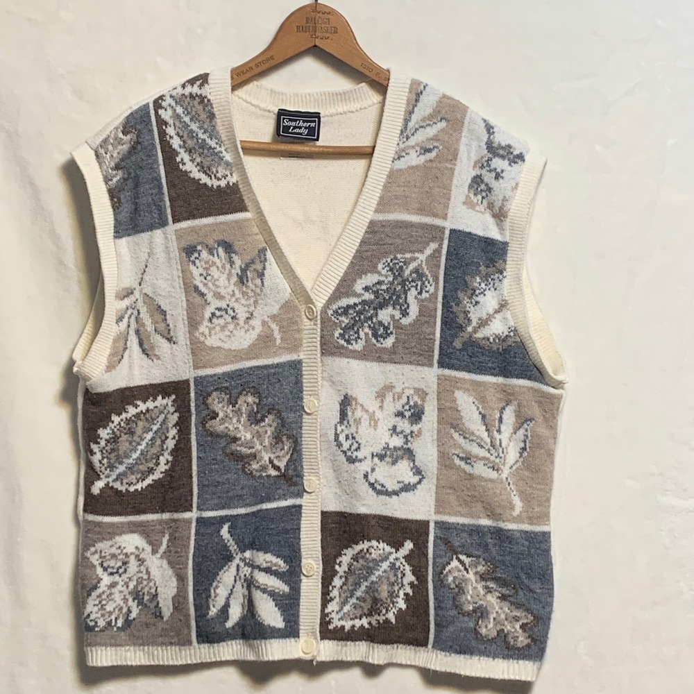 Southern Lady Leaf Print Button Front Sweater Vest Women's‎ XL Cream Blue Brown
